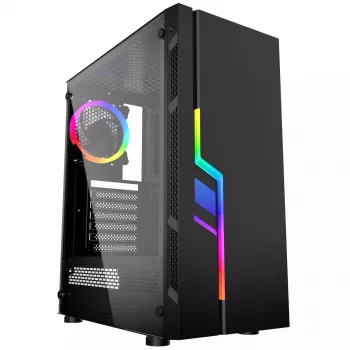 PC korpusas GEMBIRD Fornax 2000 RGB Midi Tower juodas — Micro ATX/ITX/ATX, 1x120 mm galinis ventiliatorius, 2x2,5 colio vietos, 2xUSB 3.0 A tipo, grūdintas stiklas