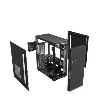 PC korpusas GEMBIRD Fornax 160 Mini Tower — juodas, SPCC, tinka ITX/mATX/ATX, 1×3,5 colio + 3×2,5 colio vietos, 7 išplėtimo lizdai, 445×185×390 mm