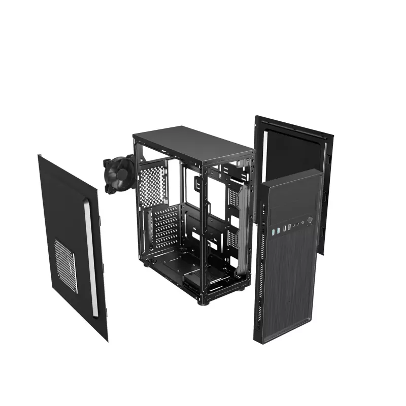 PC korpusas GEMBIRD Fornax 160 Mini Tower — juodas, SPCC, tinka ITX/mATX/ATX, 1×3,5 colio + 3×2,5 colio vietos, 7 išplėtimo lizdai, 445×185×390 mm
