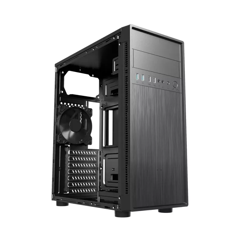 PC korpusas GEMBIRD Fornax 160 Mini Tower — juodas, SPCC, tinka ITX/mATX/ATX, 1×3,5 colio + 3×2,5 colio vietos, 7 išplėtimo lizdai, 445×185×390 mm