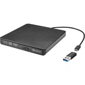 Sandberg USB-C/A DVD įrenginys, juodas, dėklas, staliniam/nešiojamam kompiuteriui, DVD Super Multi DL, USB Type-C, CD-R, CD-ROM, CD-RW, DVD+R DL, DVD-R, DVD-R DL, DVD-RAM, DVD-ROM, DVD-RW