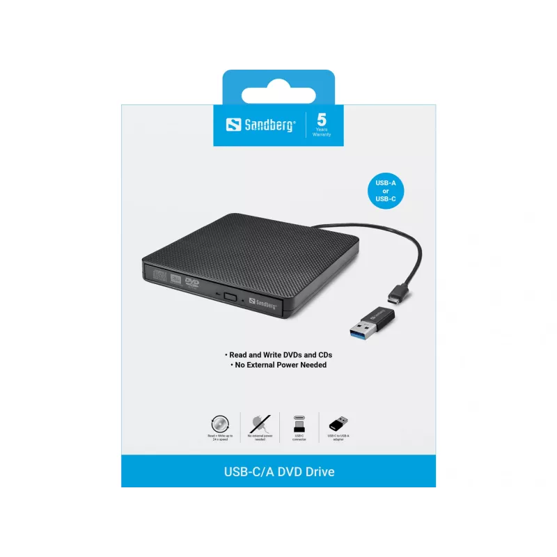 Sandberg USB-C/A DVD įrenginys, juodas, dėklas, staliniam/nešiojamam kompiuteriui, DVD Super Multi DL, USB Type-C, CD-R, CD-ROM, CD-RW, DVD+R DL, DVD-R, DVD-R DL, DVD-RAM, DVD-ROM, DVD-RW