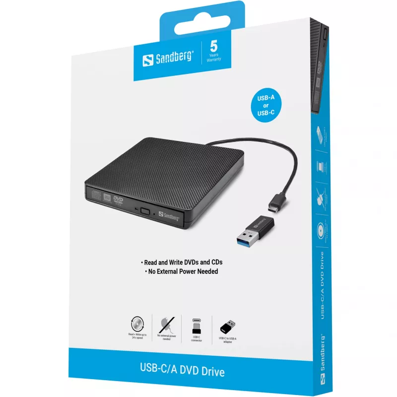 Sandberg USB-C/A DVD įrenginys, juodas, dėklas, staliniam/nešiojamam kompiuteriui, DVD Super Multi DL, USB Type-C, CD-R, CD-ROM, CD-RW, DVD+R DL, DVD-R, DVD-R DL, DVD-RAM, DVD-ROM, DVD-RW