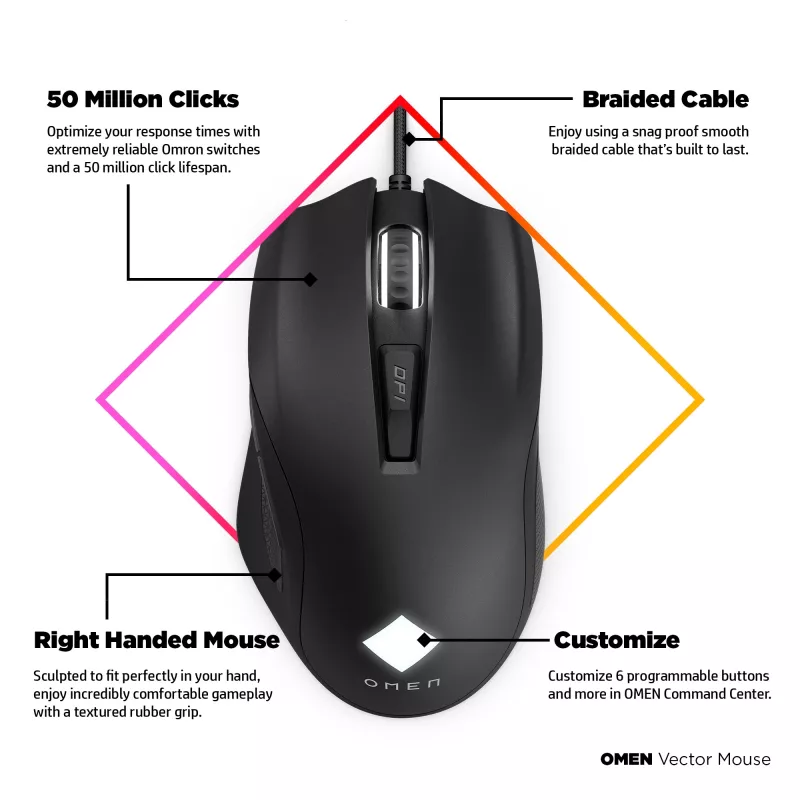 HP OMEN Vector pele, dešinei rankai, IR LED, USB Type-A, 16000 DPI, 1 ms, juoda