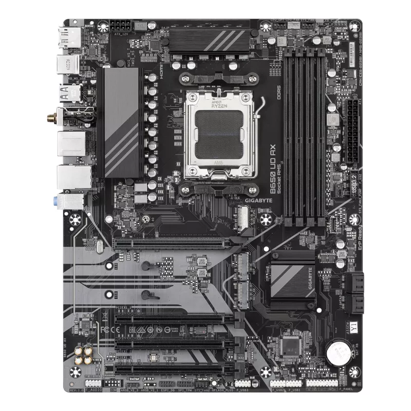 GIGABYTE B650 UD AX pagrindinė plokštė – AMD Ryzen 9000 serijai, 6+2+2 fazių VRM, iki 7600MHz DDR5 (OC), 1xPCIe 5.0 + 2xPCIe 4.0 M.2, GbE LAN, WiFi 6, USB 3.2 Gen 2