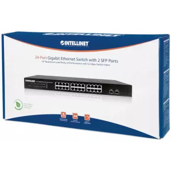 Intellinet 24 prievadų Gigabit Ethernet jungiklis su 2 SFP prievadais, 24 x 10/100/1000 Mbps RJ45 + 2 x SFP, IEEE 802.3az (energiją taupantis Ethernet), 19 colių montavimui į stelažą, metalinis
