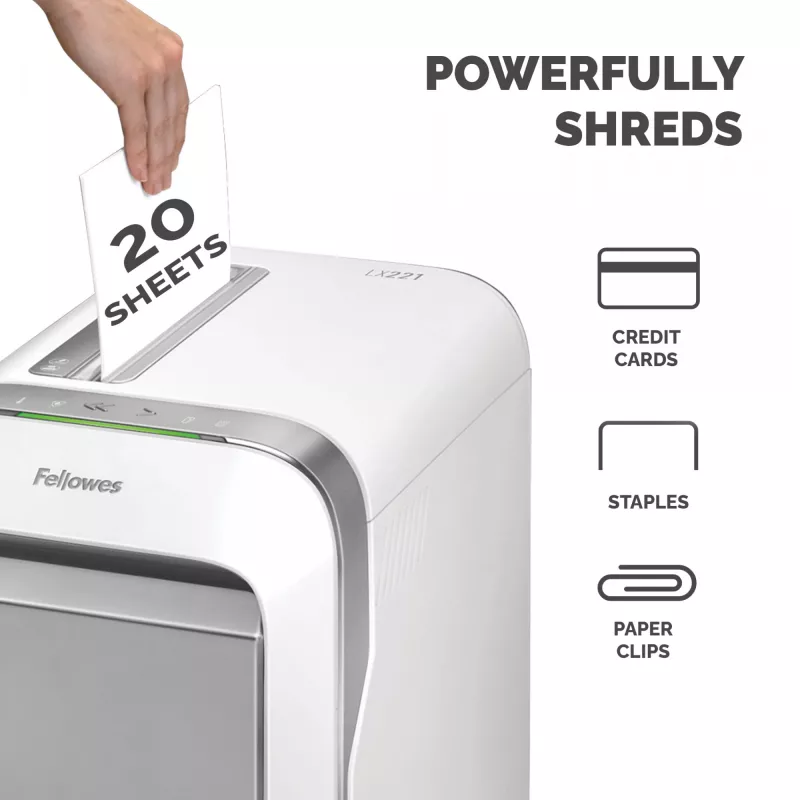 Popieriaus smulkintuvas Fellowes LX Series LX221, mikro pjūvis, 20 lapų, P-5, 30 l, baltas