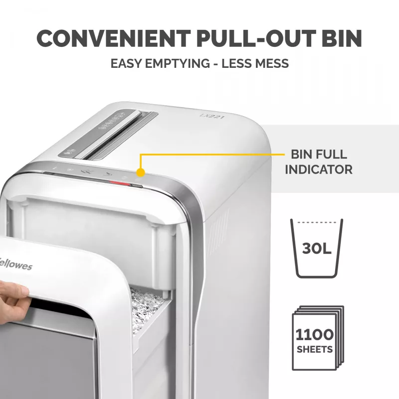 Popieriaus smulkintuvas Fellowes LX Series LX221, mikro pjūvis, 20 lapų, P-5, 30 l, baltas