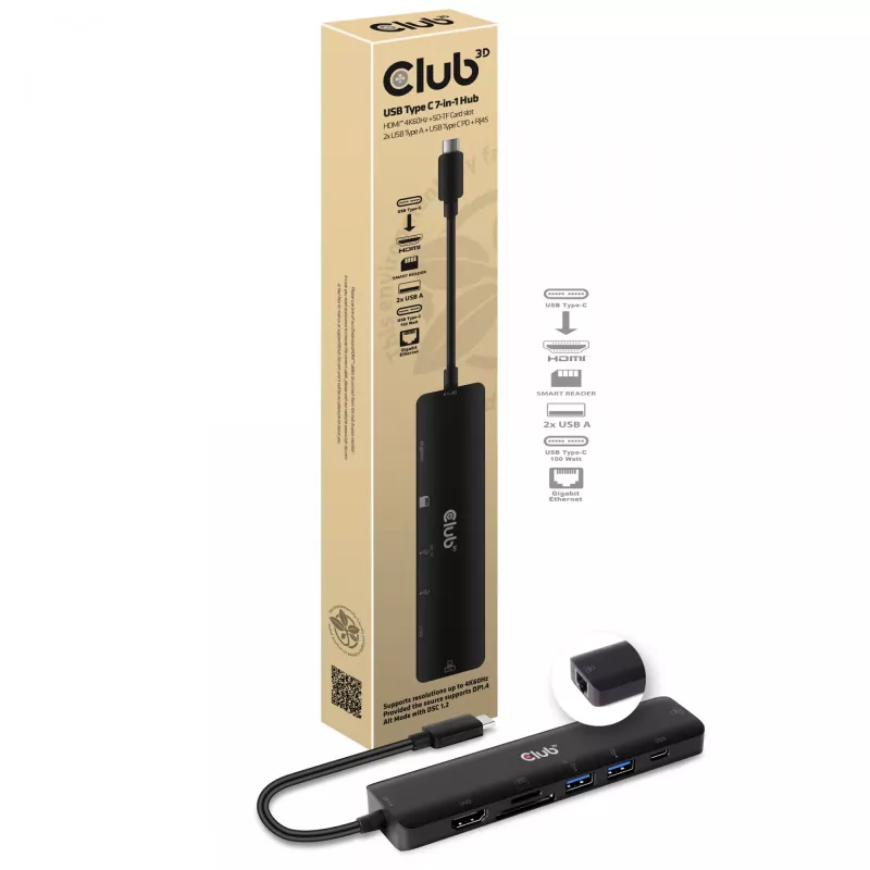 CLUB3D USB Type C 7-in-1 Hub HDMI 4K60Hz SD TF kortelių lizdas 2x USB Type A USB Type C PD RJ45, veikia su Thunderbolt 3