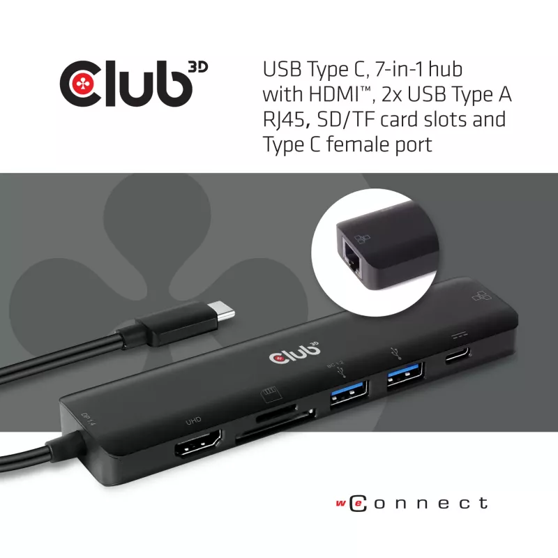 CLUB3D USB Type C 7-in-1 Hub HDMI 4K60Hz SD TF kortelių lizdas 2x USB Type A USB Type C PD RJ45, veikia su Thunderbolt 3