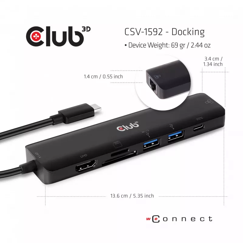 CLUB3D USB Type C 7-in-1 Hub HDMI 4K60Hz SD TF kortelių lizdas 2x USB Type A USB Type C PD RJ45, veikia su Thunderbolt 3