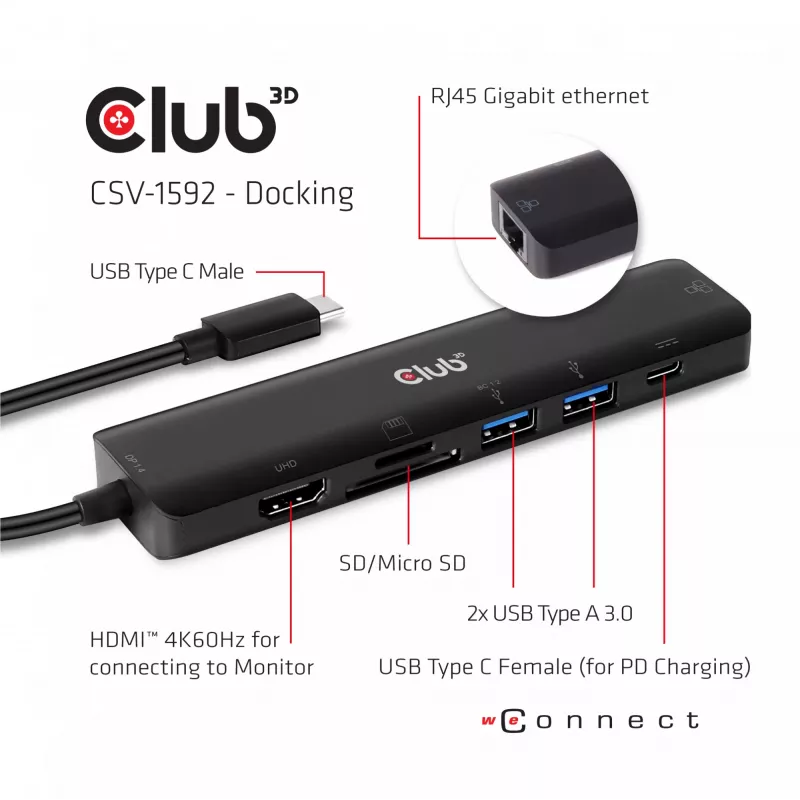 CLUB3D USB Type C 7-in-1 Hub HDMI 4K60Hz SD TF kortelių lizdas 2x USB Type A USB Type C PD RJ45, veikia su Thunderbolt 3