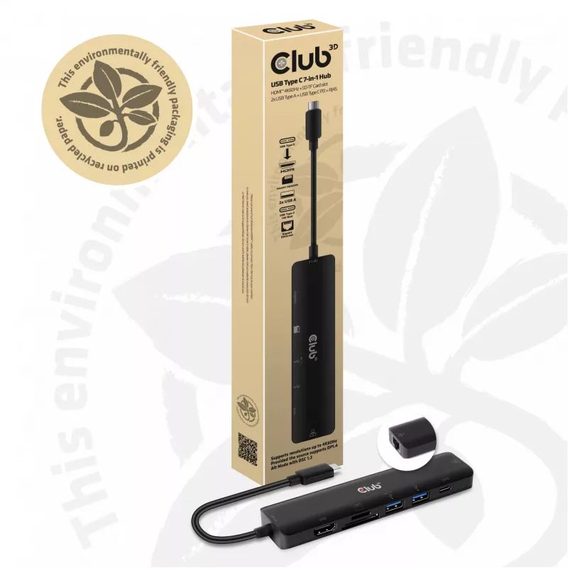 CLUB3D USB Type C 7-in-1 Hub HDMI 4K60Hz SD TF kortelių lizdas 2x USB Type A USB Type C PD RJ45, veikia su Thunderbolt 3