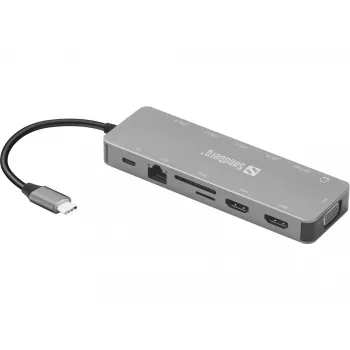 Sandberg USB-C 13-in-1 kelioninis dokas, USB Type-C, 100 W Power Delivery, Ethernet 1000 Mbit/s