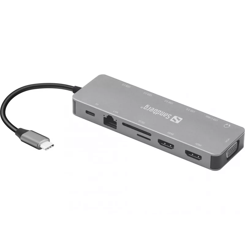 Sandberg USB-C 13-in-1 kelioninis dokas, USB Type-C, 100 W Power Delivery, Ethernet 1000 Mbit/s