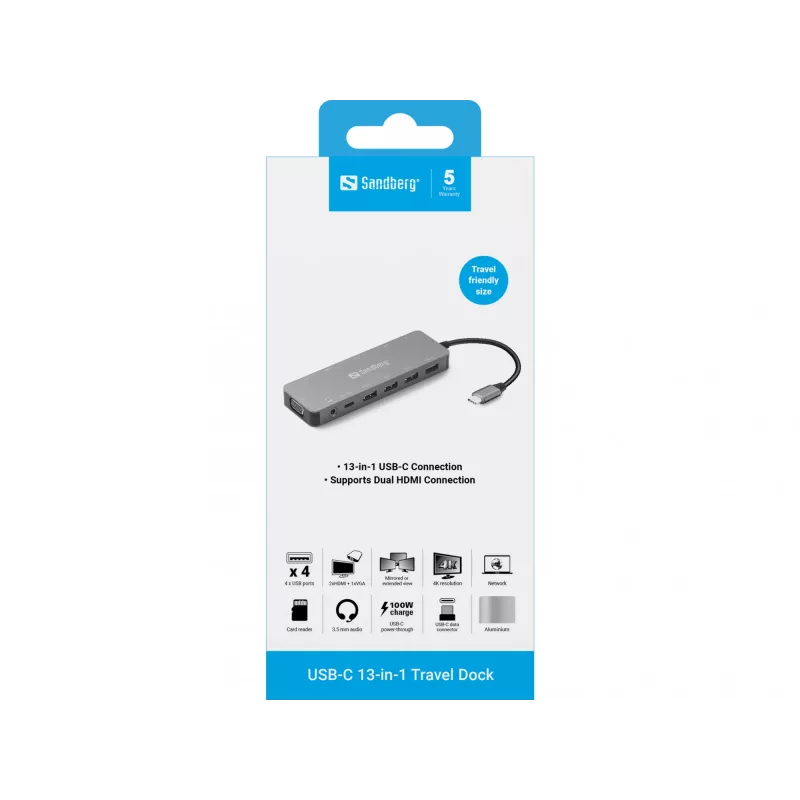 Sandberg USB-C 13-in-1 kelioninis dokas, USB Type-C, 100 W Power Delivery, Ethernet 1000 Mbit/s