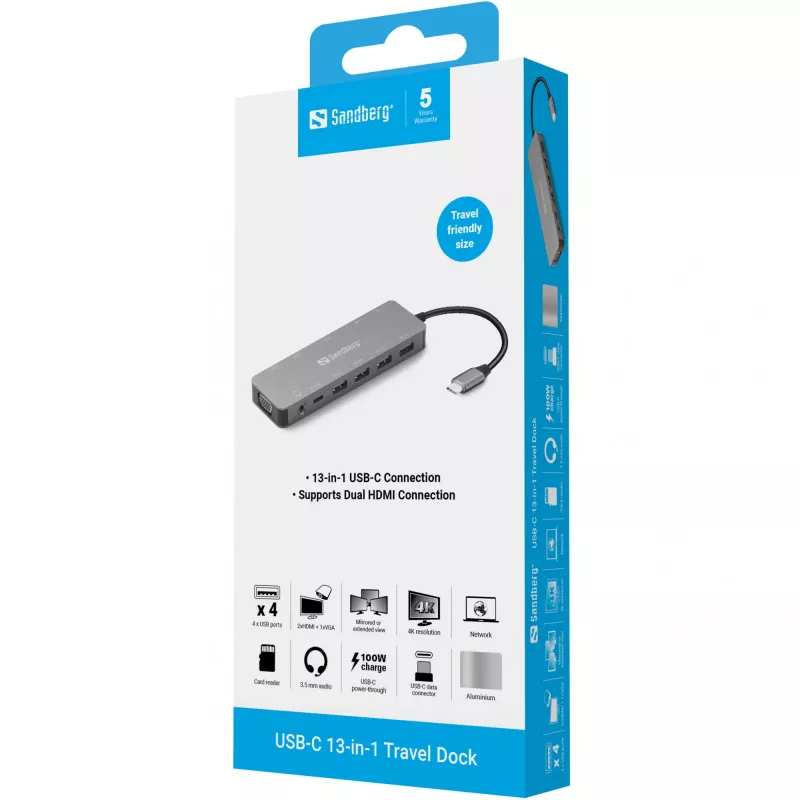 Sandberg USB-C 13-in-1 kelioninis dokas, USB Type-C, 100 W Power Delivery, Ethernet 1000 Mbit/s