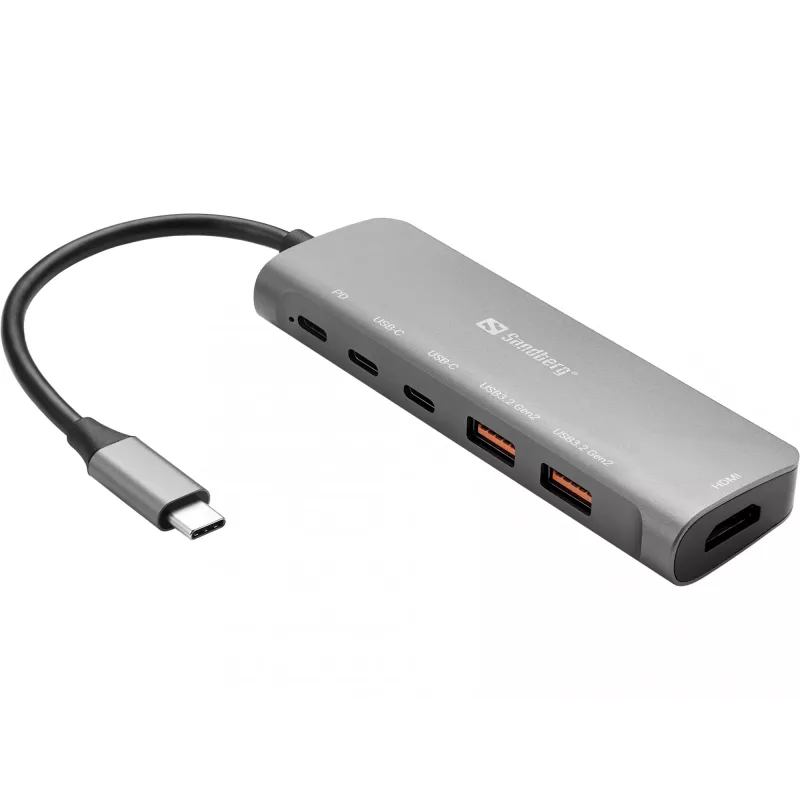 Sandberg USB-C Dock HDMI + 2xUSB-A + 2xUSB-C + PD100W, aliuminis, 4K Ultra HD