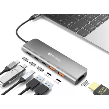 Sandberg USB-C Dock HDMI + 2xUSB-A + 2xUSB-C + PD100W, aliuminis, 4K Ultra HD