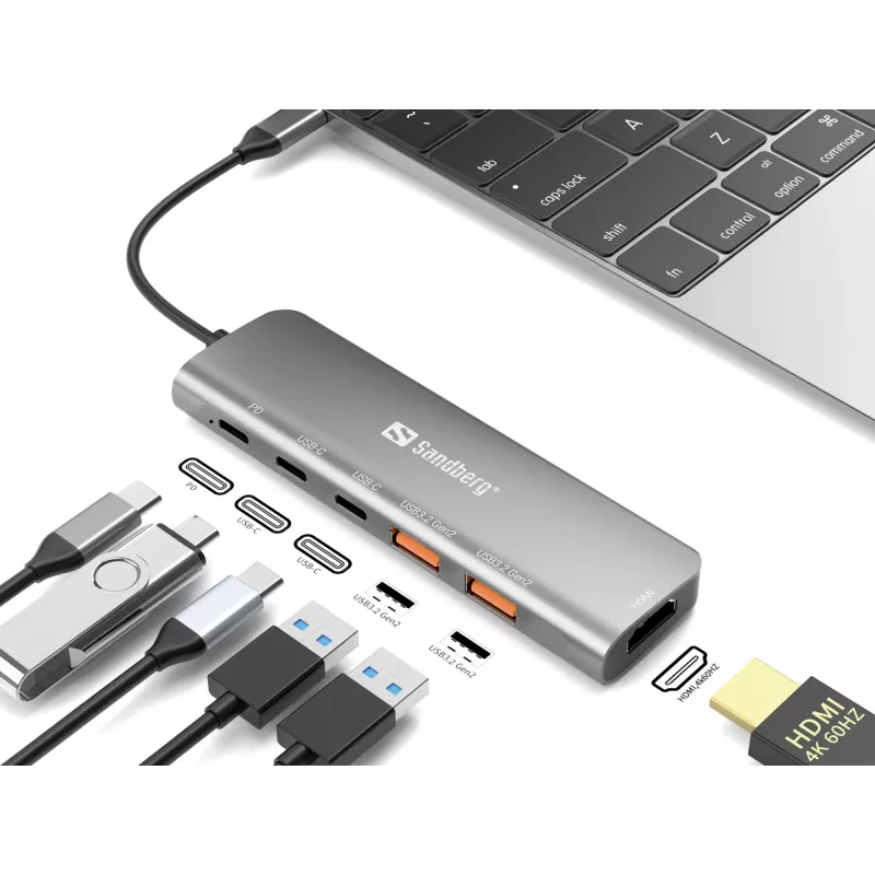 Sandberg USB-C Dock HDMI + 2xUSB-A + 2xUSB-C + PD100W, aliuminis, 4K Ultra HD