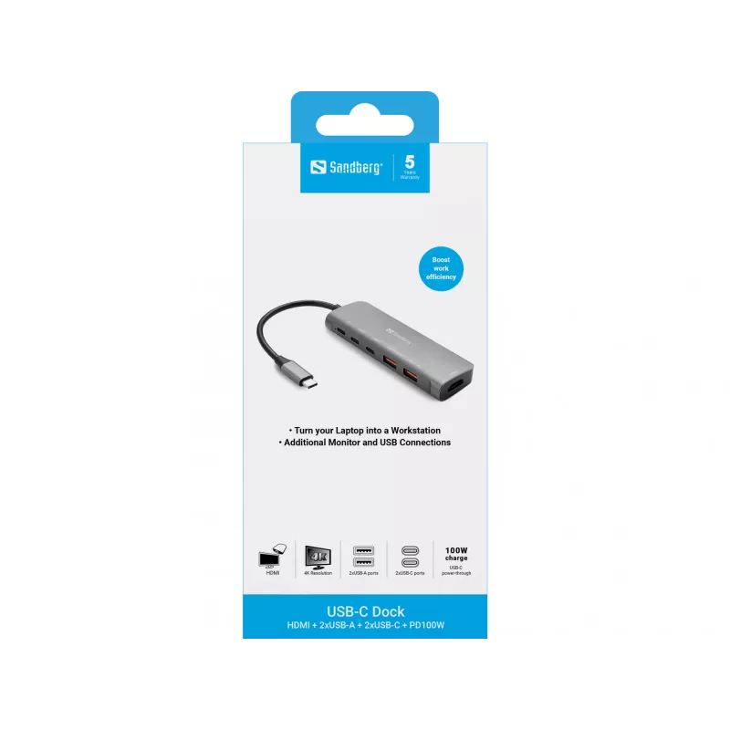 Sandberg USB-C Dock HDMI + 2xUSB-A + 2xUSB-C + PD100W, aliuminis, 4K Ultra HD