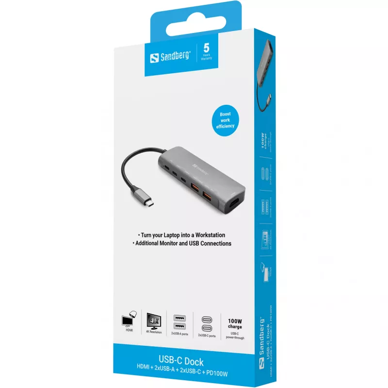 Sandberg USB-C Dock HDMI + 2xUSB-A + 2xUSB-C + PD100W, aliuminis, 4K Ultra HD