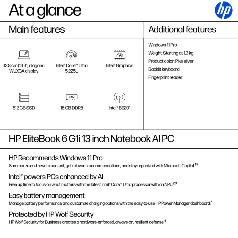 HP EliteBook 6 G1i nešiojamas kompiuteris Intel Core Ultra 5 225U 33,8 cm (13,3 colio) WUXGA 16 GB DDR5-SDRAM Wi-Fi 7 (802.11be) Windows 11 Pro AI sidabrinis