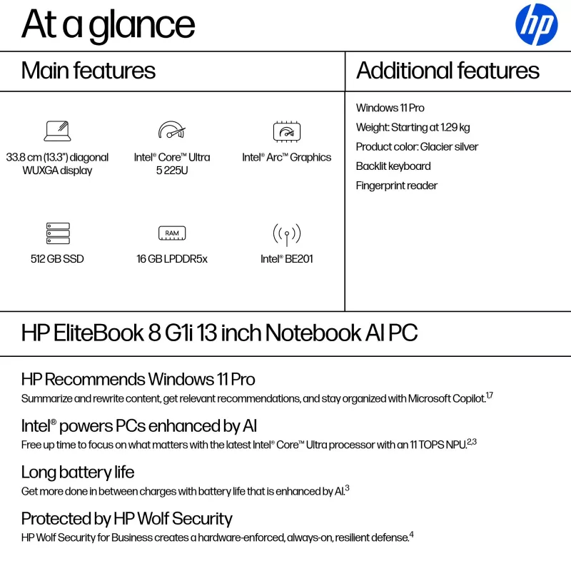 HP EliteBook 8 G1i AI nešiojamas kompiuteris Intel Core Ultra 5 225U 33,8 cm (13,3 colio) WUXGA 16 GB LPDDR5x-SDRAM Wi-Fi 7 (802.11be) Windows 11 Pro AI PC