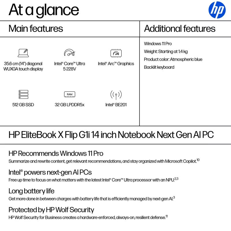 Nešiojamas kompiuteris HP EliteBook X Flip G1i Hybrid 2-in-1 Intel Core Ultra 5 228V 14 colių WUXGA Touch 32 GB LPDDR5x 512 GB SSD Wi‑Fi 7 Windows 11 Pro Mėlynas