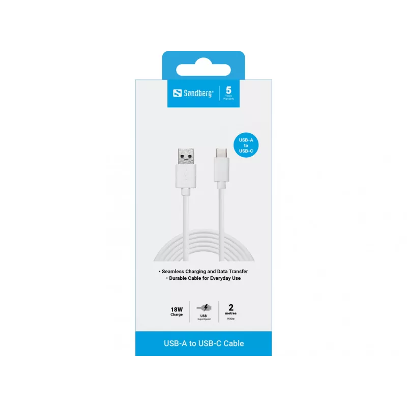 Sandberg USB-C 3.1 USB-A 3.0 2M laidas, 2 m, USB C, USB A, USB 3.2 Gen 1 (3.1 Gen 1), Kištukas/Kištukas, Baltas