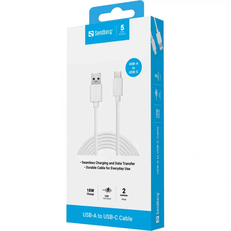 Sandberg USB-C 3.1 USB-A 3.0 2M laidas, 2 m, USB C, USB A, USB 3.2 Gen 1 (3.1 Gen 1), Kištukas/Kištukas, Baltas