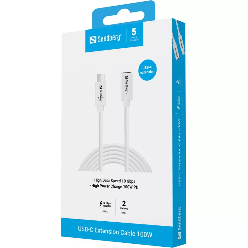 Sandberg USB-C į USB-C ilginamasis kabelis 2 m, 100 W, USB 3.2 Gen 2, baltas