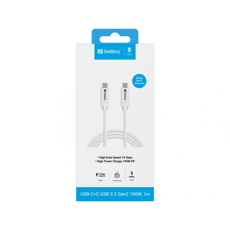 Sandberg USB-CC USB 3.2 Gen2 100W, 1 m, USB C – USB C, 10 Gbit/s, Baltas