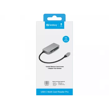 Sandberg USB-C Multi Card Reader Pro, CF, MMC, MicroSD (TransFlash), SD, SDHC, SDXC, xD, juoda, USB 3.2 Gen 1 (3.1 Gen 1) Type-C, 1 vnt., 82 mm, 23 mm