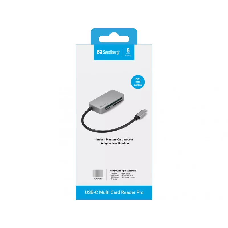 Sandberg USB-C Multi Card Reader Pro, CF, MMC, MicroSD (TransFlash), SD, SDHC, SDXC, xD, juoda, USB 3.2 Gen 1 (3.1 Gen 1) Type-C, 1 vnt., 82 mm, 23 mm