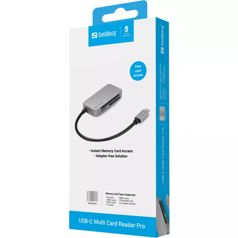 Sandberg USB-C Multi Card Reader Pro, CF, MMC, MicroSD (TransFlash), SD, SDHC, SDXC, xD, juoda, USB 3.2 Gen 1 (3.1 Gen 1) Type-C, 1 vnt., 82 mm, 23 mm