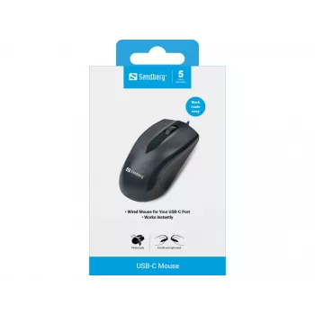 Sandberg USB-C pelė, ambidekstrinė, optinė, USB Type-C, 1200 DPI, juoda