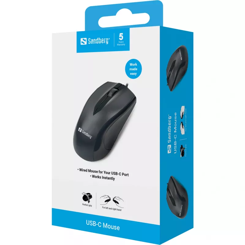 Sandberg USB-C pelė, ambidekstrinė, optinė, USB Type-C, 1200 DPI, juoda