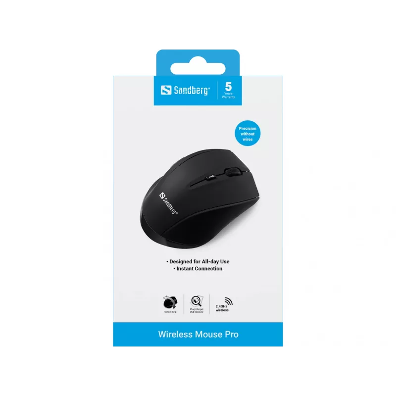 Sandberg Wireless Mouse Pro, dešinei rankai, optinis, RF belaidis, 1600 DPI, juoda