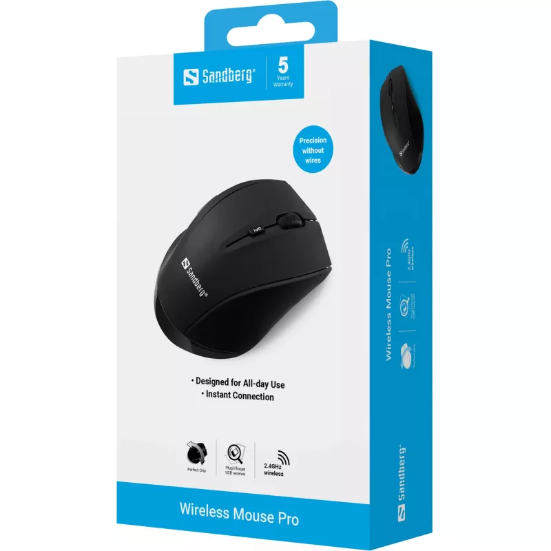 Sandberg Wireless Mouse Pro, dešinei rankai, optinis, RF belaidis, 1600 DPI, juoda