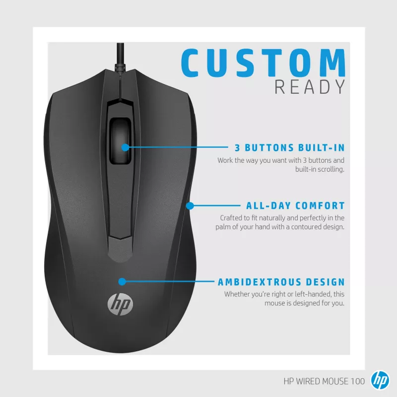 HP Wired Mouse 100, ambidekstrinė, optinė, USB Type-A, 1600 DPI, juoda