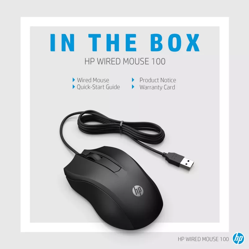 HP Wired Mouse 100, ambidekstrinė, optinė, USB Type-A, 1600 DPI, juoda