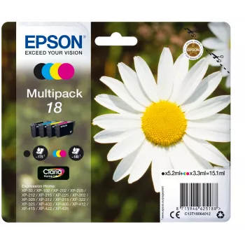 Epson Daisy Multipack 4 spalvų 18 Claria Home Ink, juoda, žydra, purpurinė, geltona, 5,2 ml, 3,3 ml, 1 vnt., 175 puslapių, kelių spalvų rinkinys