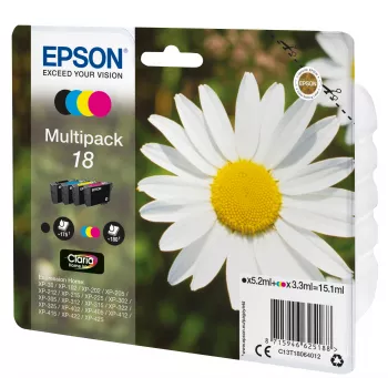 Epson Daisy Multipack 4 spalvų 18 Claria Home Ink, juoda, žydra, purpurinė, geltona, 5,2 ml, 3,3 ml, 1 vnt., 175 puslapių, kelių spalvų rinkinys