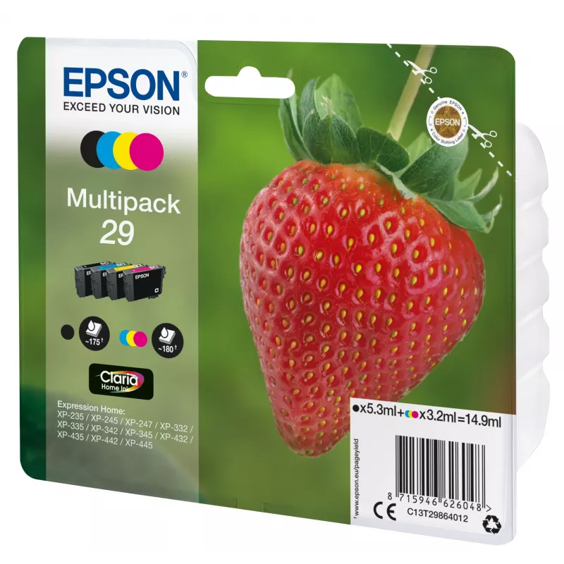 Epson Strawberry Multipack 4 spalvų 29 Claria Home rašalas, juoda, žydra, rausvai raudona, geltona, 5,3 ml, 3,2 ml, 1 vnt., 175 puslapiai, Multi pack