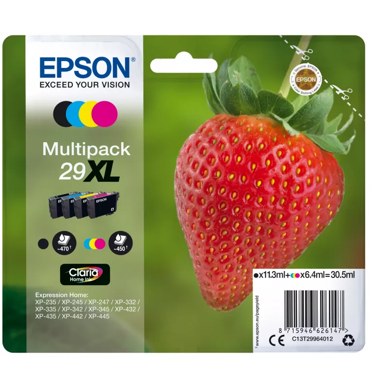 Epson 29XL Claria Home rašalo multipaketas 4 spalvos (juoda, žydra, rausvai raudona, geltona) – 11,3 ml / 6,4 ml, 470 puslapių