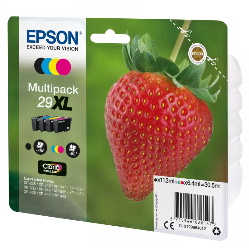 Epson 29XL Claria Home rašalo multipaketas 4 spalvos (juoda, žydra, rausvai raudona, geltona) – 11,3 ml / 6,4 ml, 470 puslapių