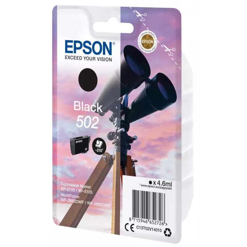 Epson 502 Original Juodos Spalvos Kasetė, Standartinė Talpa, Pigmentinis Rašalas, 4.6 ml, 1 vnt., 210 puslapių