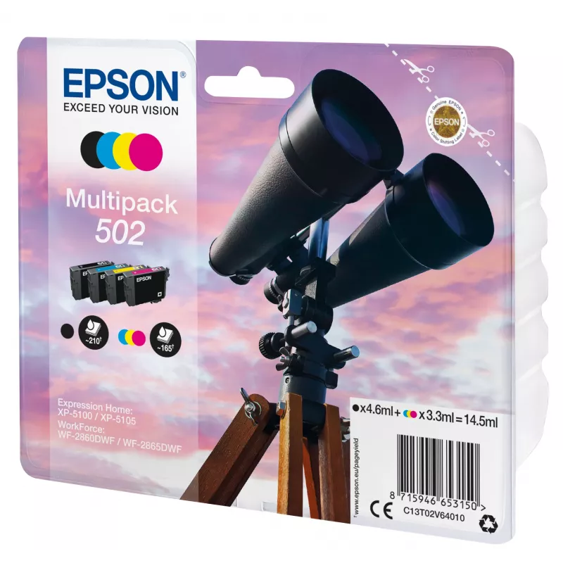 Epson Multipack 4 spalvų 502 rašalas, standartinė išeiga, juoda, žydra, purpurinė, geltona, 4,6 ml, 3,3 ml, 1 vnt., 210 puslapių