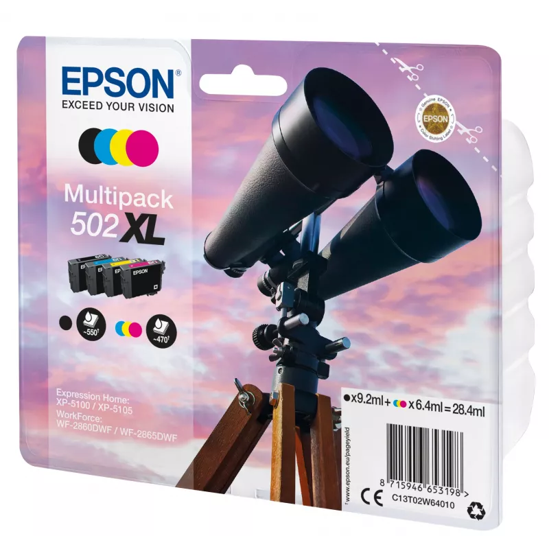 Epson 502XL C13T02W64020 Claria Home Ink rašalinių kasečių komplektas, 4 vnt., XL, 28,4 ml, juodos/žydros/purpurinės/geltonos spalvų, iki 550 (juoda) / 470 (spalvotos) lapų